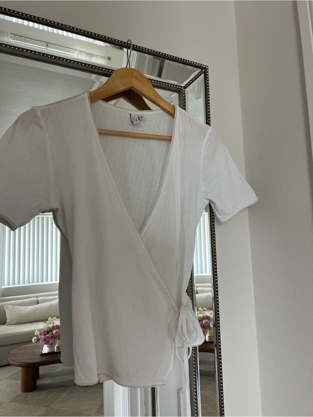 & Other Stories White Pointelle Wrap Short-Sleeve Top - Lightweight Women's Tee